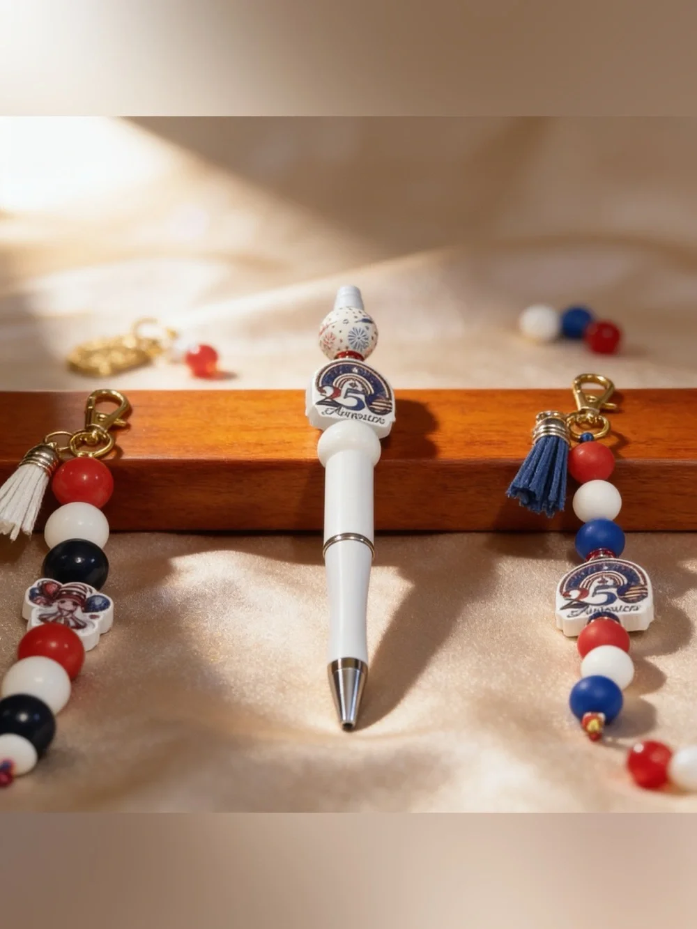 Patriotic 4th of July Beaded Pen Keychain Wristlet Set USA Gnome Gift BTJ